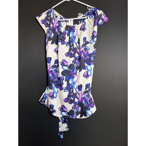 Worthington Tops - Worthington‎ White Purple Blue Floral Blouse L Cap Sleeve Zip Back Tie